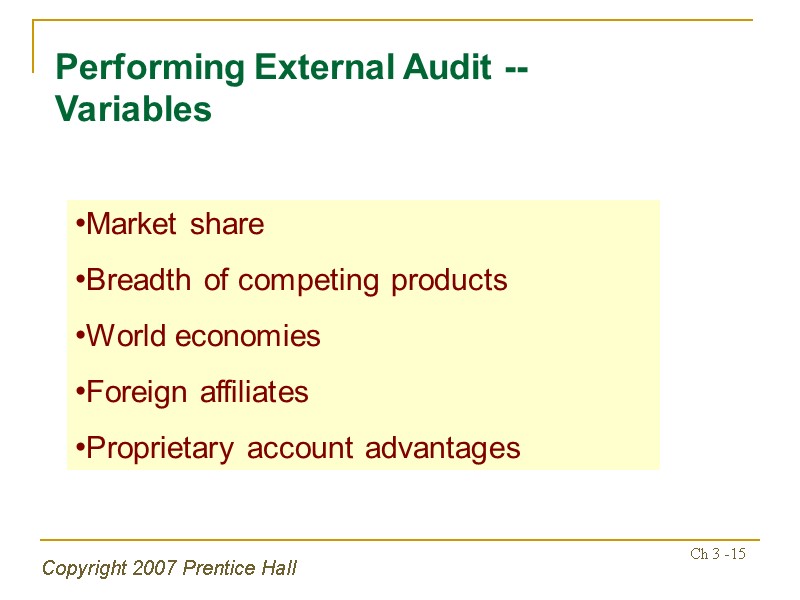 Copyright 2007 Prentice Hall Ch 3 -15 Performing External Audit -- Variables Market share